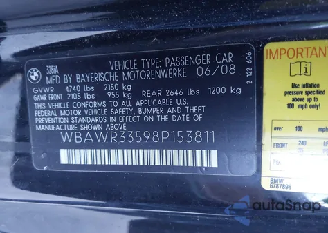 2008 BMW 328I из США, поврежденный, VIN WBAWR33598P153811